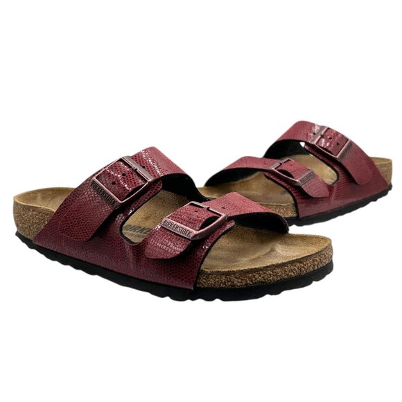 Birkenstock Shoes - Birkenstock Arizona Birko-Flor Maroon Snake Pattern 2 Straps Slide Sandals 36